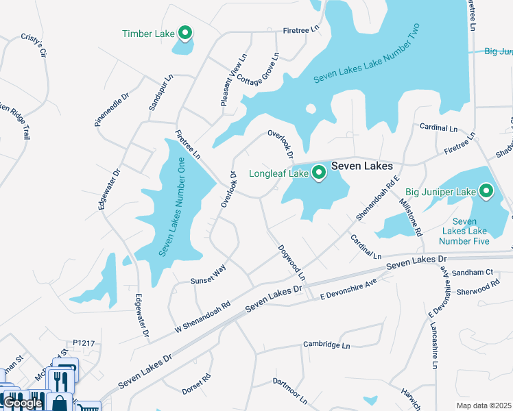 map of restaurants, bars, coffee shops, grocery stores, and more near 100 Dogwood Lane in Seven Lakes