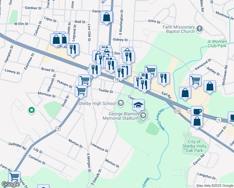 map of restaurants, bars, coffee shops, grocery stores, and more near 1000 South Dekalb Street in Shelby