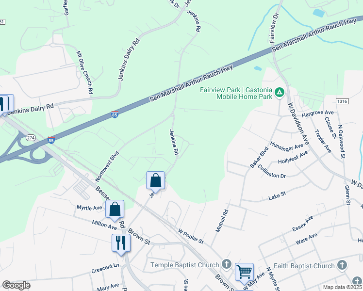 map of restaurants, bars, coffee shops, grocery stores, and more near 1350 Shady Nook Circle in Gastonia