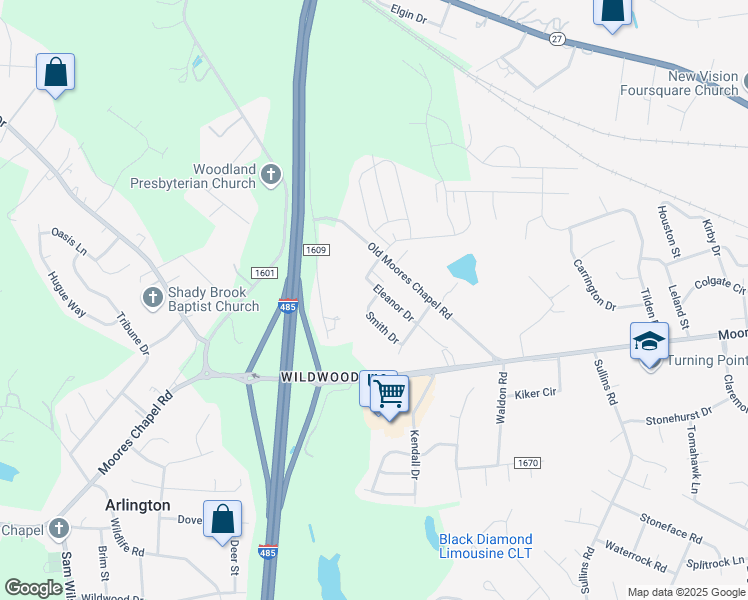 map of restaurants, bars, coffee shops, grocery stores, and more near 9329 Smith Drive in Charlotte
