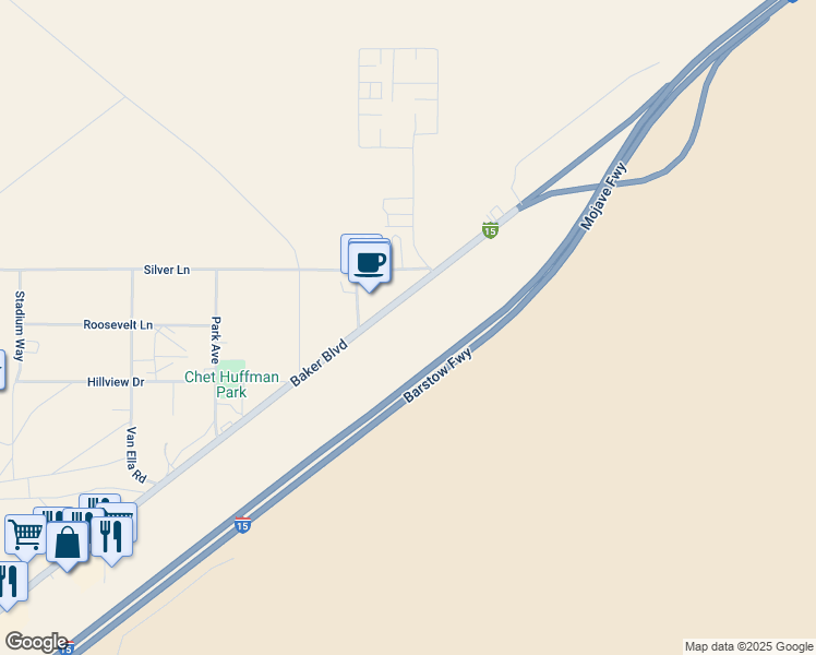 map of restaurants, bars, coffee shops, grocery stores, and more near Baker Boulevard in Baker