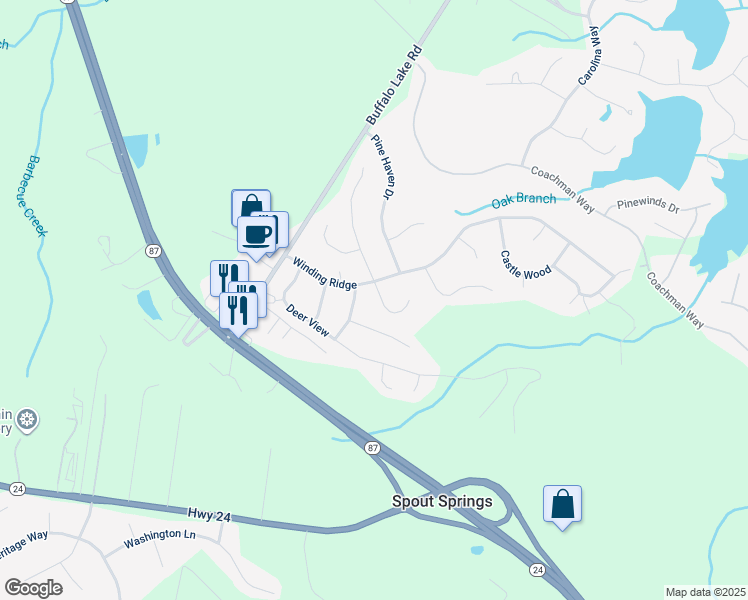 map of restaurants, bars, coffee shops, grocery stores, and more near 34 Fox Wood South in Sanford