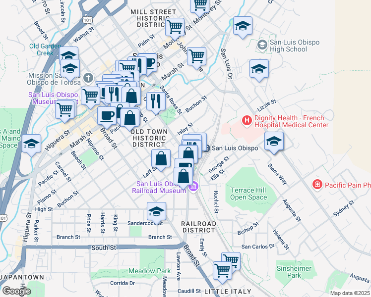map of restaurants, bars, coffee shops, grocery stores, and more near 1700 Osos Street in San Luis Obispo