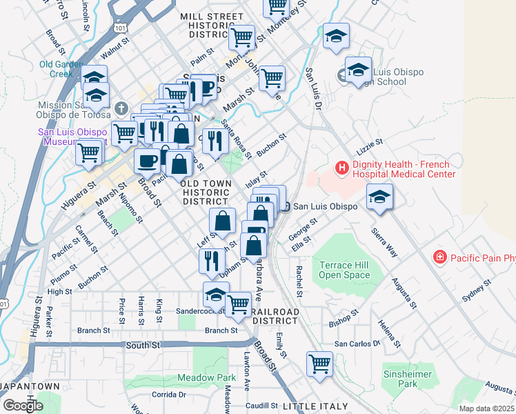 map of restaurants, bars, coffee shops, grocery stores, and more near 1700 Osos Street in San Luis Obispo