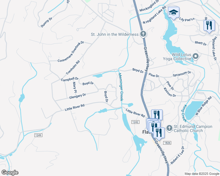 map of restaurants, bars, coffee shops, grocery stores, and more near 150 Boyd Drive in Flat Rock