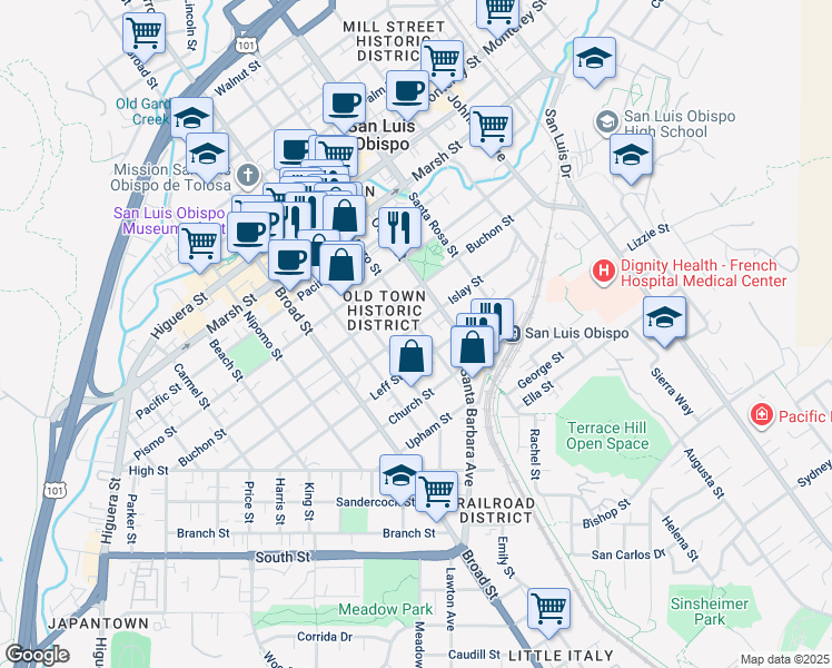 map of restaurants, bars, coffee shops, grocery stores, and more near 1527 Morro Street in San Luis Obispo