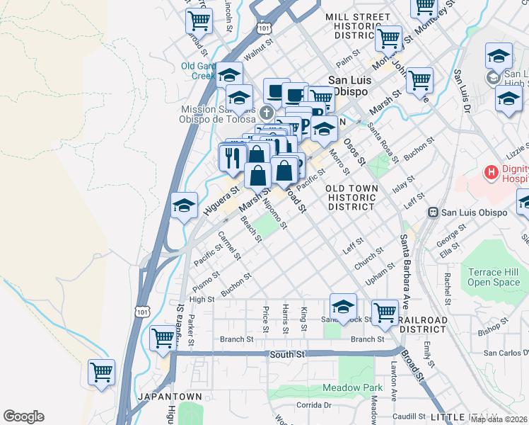 map of restaurants, bars, coffee shops, grocery stores, and more near 1240 Nipomo Street in San Luis Obispo