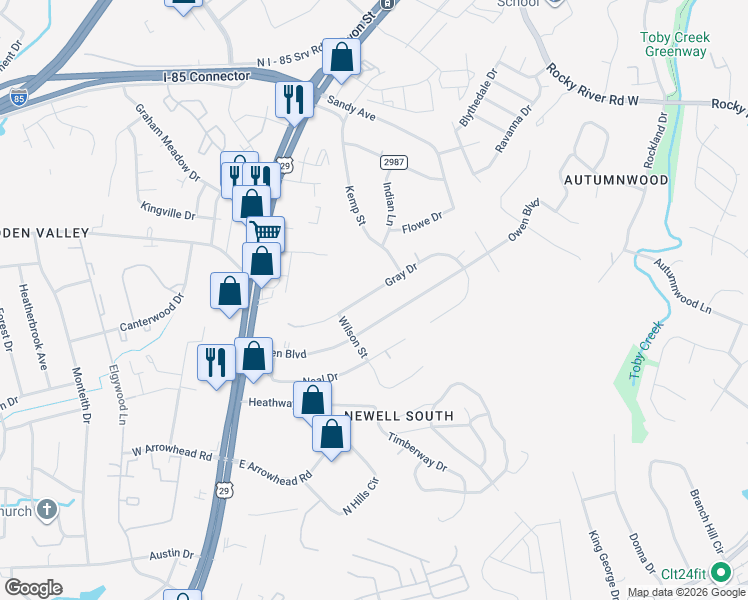 map of restaurants, bars, coffee shops, grocery stores, and more near 431 Gray Drive in Charlotte