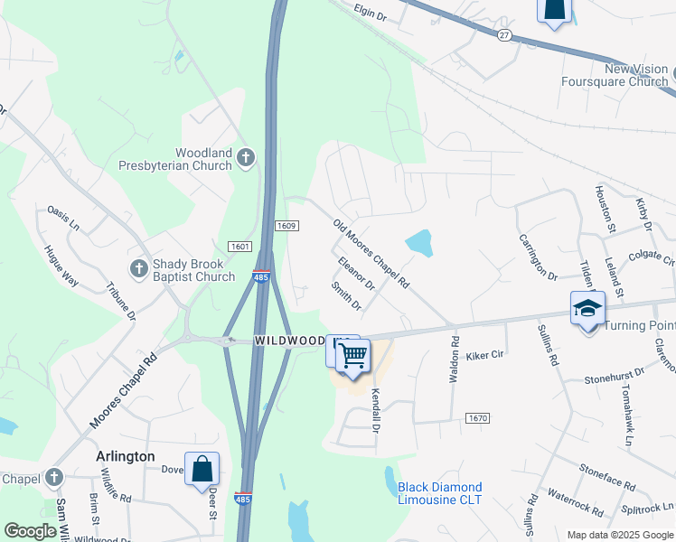 map of restaurants, bars, coffee shops, grocery stores, and more near 9421 Eleanor Drive in Charlotte