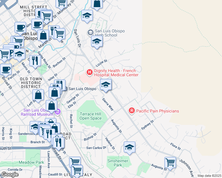 map of restaurants, bars, coffee shops, grocery stores, and more near 2085 Fixlini Street in San Luis Obispo