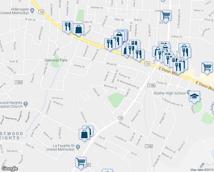 map of restaurants, bars, coffee shops, grocery stores, and more near 307 Morrison Street in Shelby