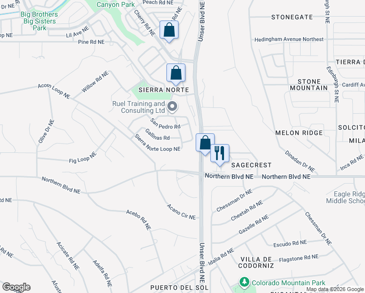 map of restaurants, bars, coffee shops, grocery stores, and more near 1908 Sierra Norte Loop in Rio Rancho