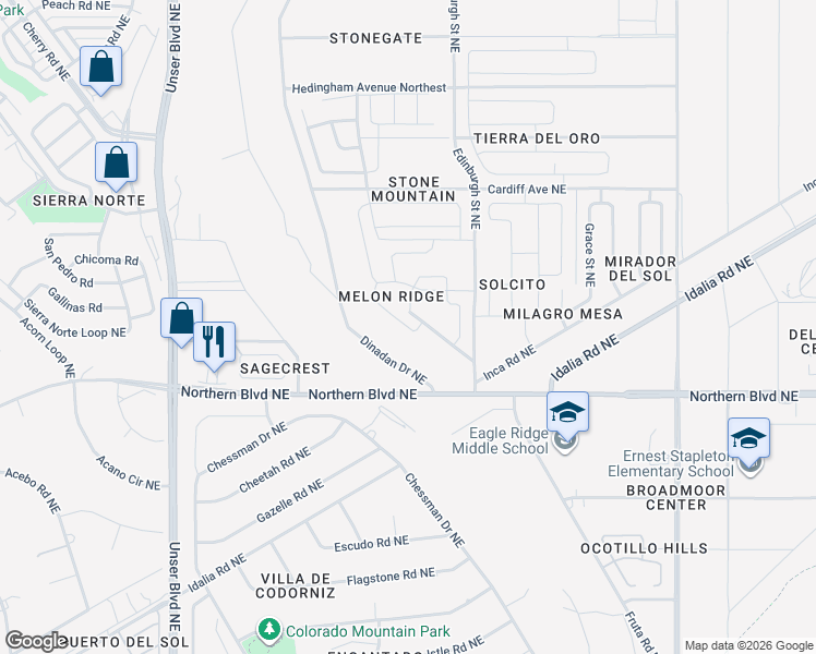 map of restaurants, bars, coffee shops, grocery stores, and more near Melon Road Northeast in Rio Rancho