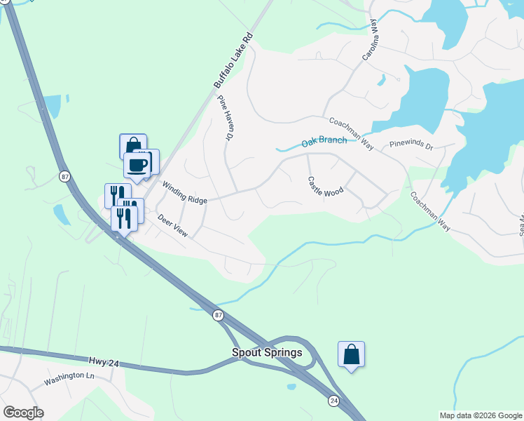 map of restaurants, bars, coffee shops, grocery stores, and more near 32 Brent Wood Court in Sanford