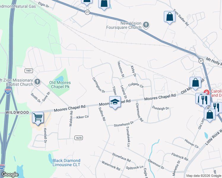 map of restaurants, bars, coffee shops, grocery stores, and more near 927 Tilden Road in Charlotte