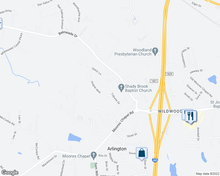 map of restaurants, bars, coffee shops, grocery stores, and more near 524 Tribune Drive in Charlotte