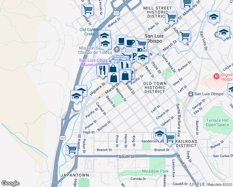 map of restaurants, bars, coffee shops, grocery stores, and more near 1240 Nipomo Street in San Luis Obispo