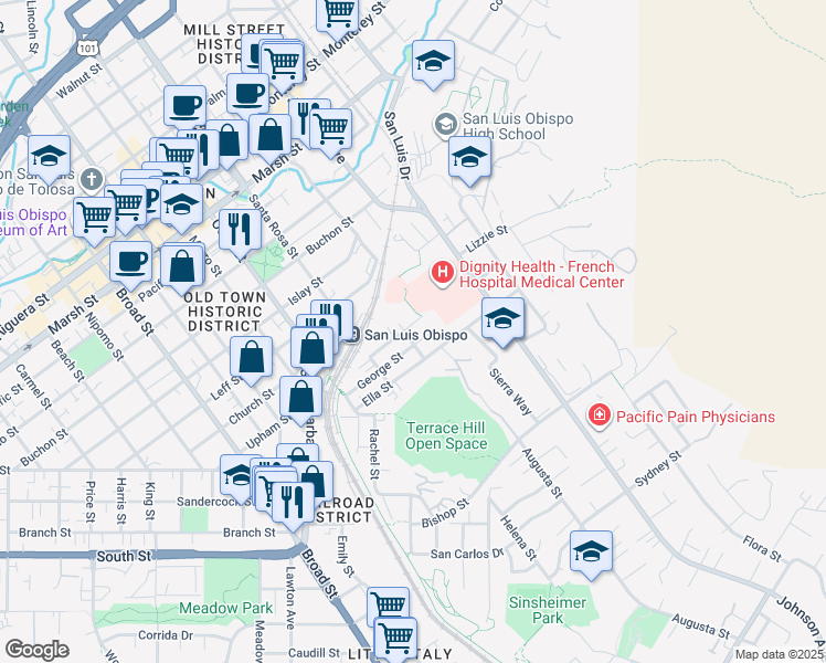 map of restaurants, bars, coffee shops, grocery stores, and more near 1800 Ruth Street in San Luis Obispo