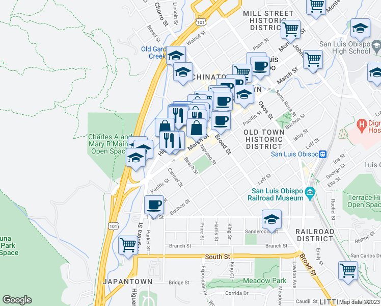 map of restaurants, bars, coffee shops, grocery stores, and more near 536 Marsh Street in San Luis Obispo