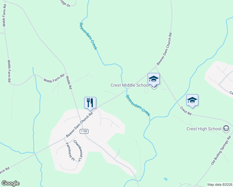 map of restaurants, bars, coffee shops, grocery stores, and more near 332 Beaver Dam Church Road in Shelby