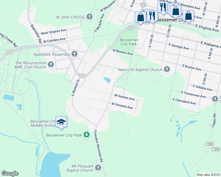 map of restaurants, bars, coffee shops, grocery stores, and more near 918 Crowders Mountain Road in Bessemer City