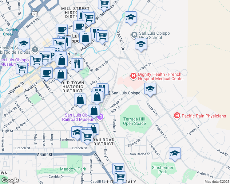 map of restaurants, bars, coffee shops, grocery stores, and more near 1100 Iris Street in San Luis Obispo