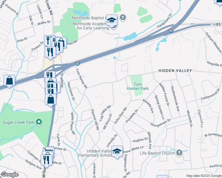 map of restaurants, bars, coffee shops, grocery stores, and more near 1101 Tom Hunter Road in Charlotte