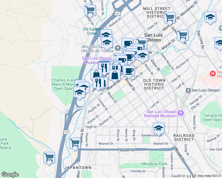 map of restaurants, bars, coffee shops, grocery stores, and more near 547 Marsh Street in San Luis Obispo
