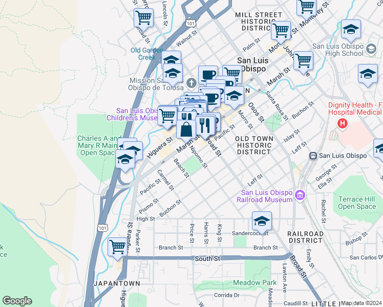 map of restaurants, bars, coffee shops, grocery stores, and more near 1241 Nipomo Street in San Luis Obispo