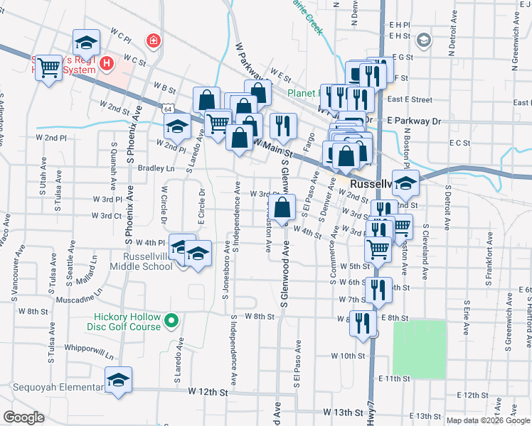 map of restaurants, bars, coffee shops, grocery stores, and more near 318 South Houston Avenue in Russellville