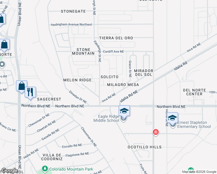 map of restaurants, bars, coffee shops, grocery stores, and more near 2321 Solara Loop Northeast in Rio Rancho