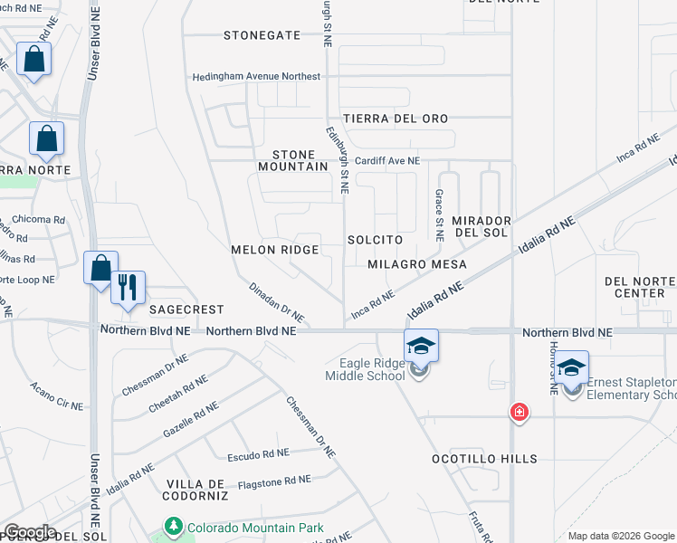 map of restaurants, bars, coffee shops, grocery stores, and more near 2104 Solitaire Street Northeast in Rio Rancho