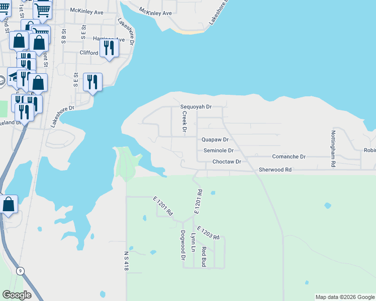 map of restaurants, bars, coffee shops, grocery stores, and more near 815 Shawnee Drive in Eufaula