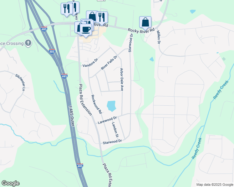 map of restaurants, bars, coffee shops, grocery stores, and more near 5401 Whittlington Drive in Charlotte