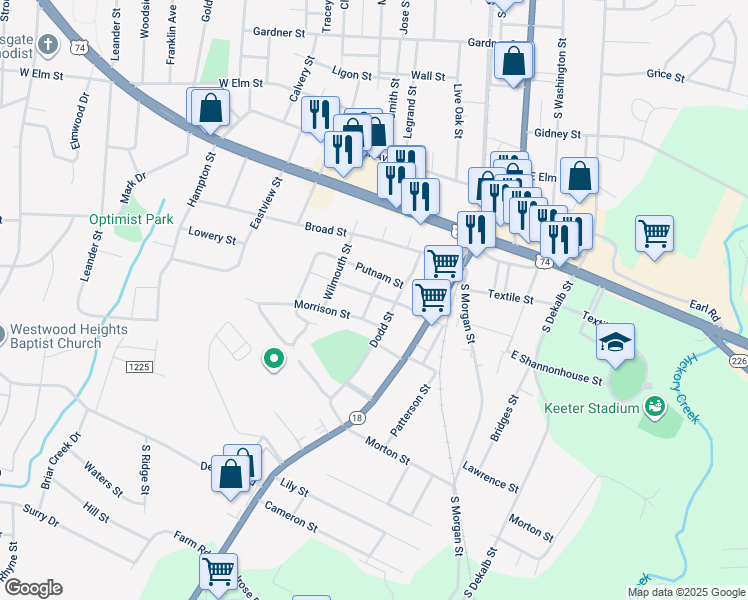 map of restaurants, bars, coffee shops, grocery stores, and more near 209 West Shannonhouse Street in Shelby