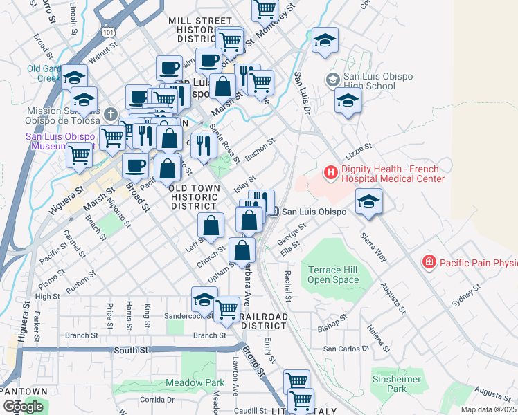 map of restaurants, bars, coffee shops, grocery stores, and more near 1059 Leff Street in San Luis Obispo