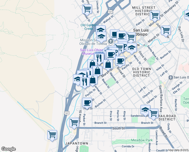 map of restaurants, bars, coffee shops, grocery stores, and more near 533 Higuera Street in San Luis Obispo