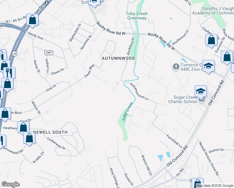 map of restaurants, bars, coffee shops, grocery stores, and more near 7016 Rockland Drive in Charlotte
