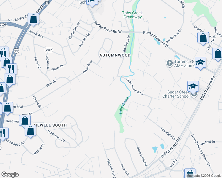 map of restaurants, bars, coffee shops, grocery stores, and more near 7016 Rockland Drive in Charlotte