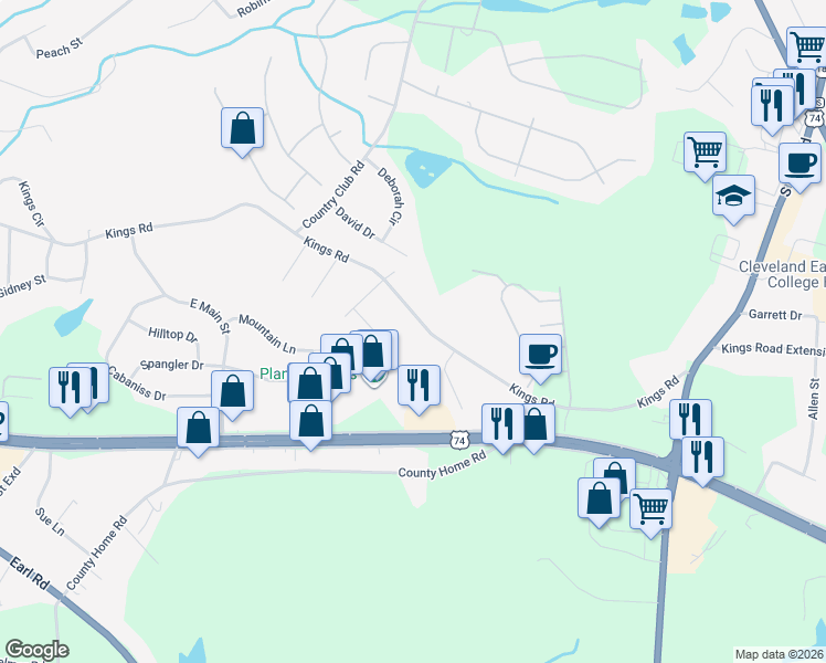 map of restaurants, bars, coffee shops, grocery stores, and more near 1919 Kings Road in Shelby