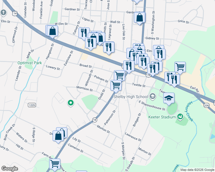map of restaurants, bars, coffee shops, grocery stores, and more near 1021 Dodd Street in Shelby