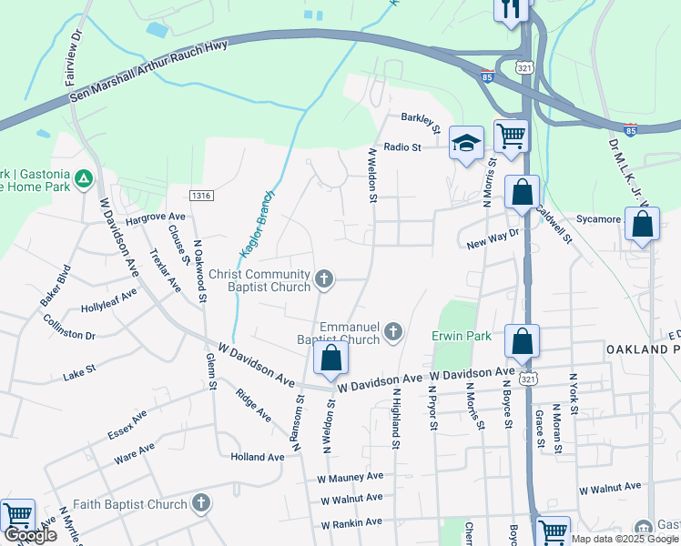 map of restaurants, bars, coffee shops, grocery stores, and more near 928 West Sycamore Avenue in Gastonia