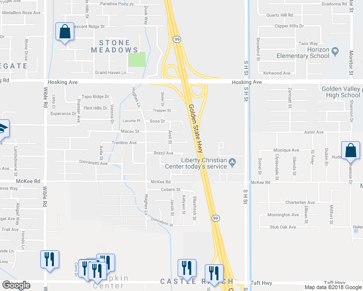map of restaurants, bars, coffee shops, grocery stores, and more near 2115 Salvatore Avenue in Bakersfield