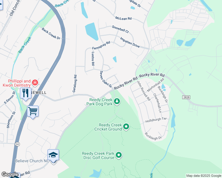 map of restaurants, bars, coffee shops, grocery stores, and more near 2931 Rocky River Road in Charlotte