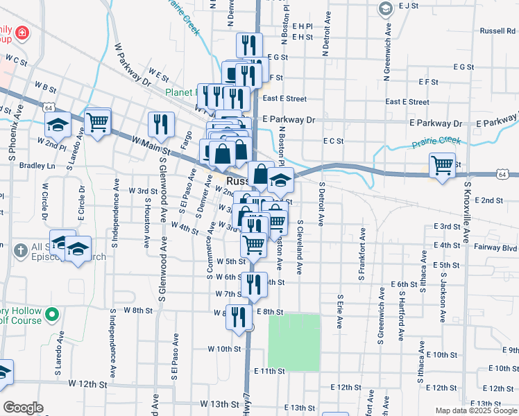 map of restaurants, bars, coffee shops, grocery stores, and more near 108 E 2nd St in Russellville