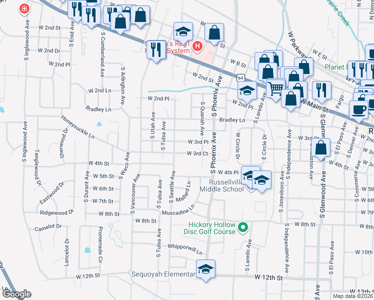 map of restaurants, bars, coffee shops, grocery stores, and more near 1807 West 3rd Place in Russellville