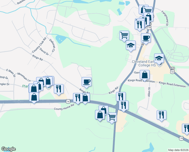 map of restaurants, bars, coffee shops, grocery stores, and more near 100 Plantation Court in Shelby