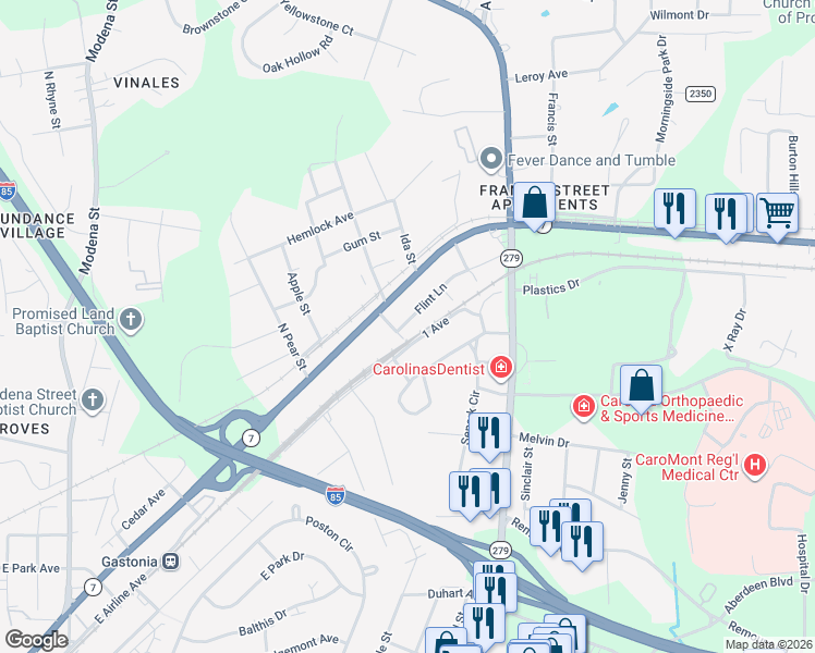 map of restaurants, bars, coffee shops, grocery stores, and more near 1905 Flint Lane in Gastonia