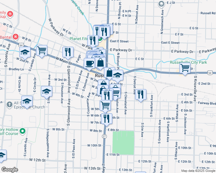 map of restaurants, bars, coffee shops, grocery stores, and more near 108 E 2nd St in Russellville