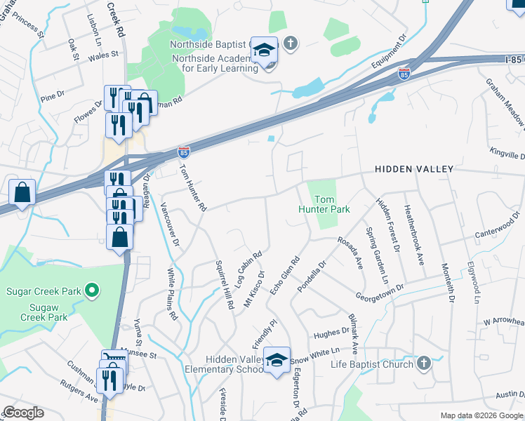 map of restaurants, bars, coffee shops, grocery stores, and more near 1101 Tom Hunter Road in Charlotte